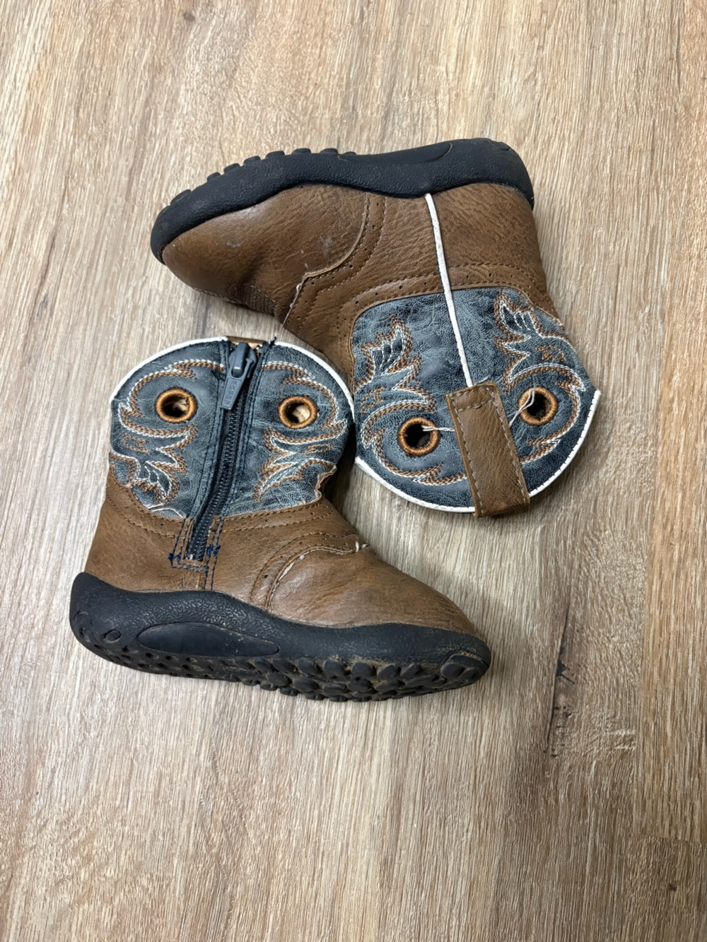 Roper Cowbabies Daniel Western Boots Infant Size 4 Brown Blue Zip Cowboy Boots - Picture 3 of 6